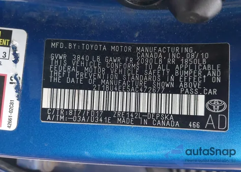 2010 Toyota Corolla S z USA, uszkodzony, nr VIN 2T1BU4EE5AC472677